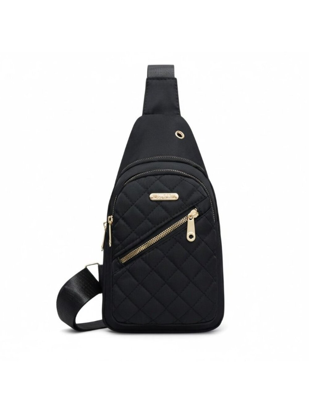 Quilted Black Nylon Crossbody Sling Bag With Gold Zippers & Adjustable Strap - L